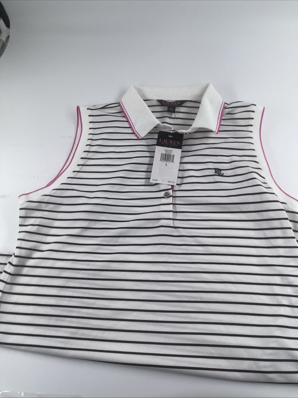 Women’s Ralph Lauren Small Golf White Black Stripe Pink Detail Sleeveless Polo
